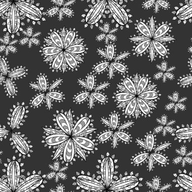 Koyu arkaplanda beyaz karalamalar olan kusursuz bir desen. Vektör illüstrasyonu.