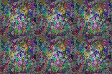 Renkli arkaplanda ilginç karalamalar olan kusursuz desen. Pano. Raster illüstrasyonu.