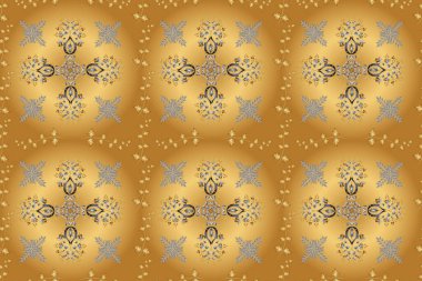 Kına dövmeli süs çiçekleri, altın çıkartmalar, mehndi ve yoga tasarımı, kartlar ve parmak izleri. Altın mehndi kusursuz desen. Sarı, bej ve kahverengi renkte desen.