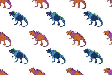 Dinozorlarla birlikte geometrik kusursuz desen. Renkli kertenkele benzeri dinozorlar paketleme ya da giydirme için. Saurischian dinozorları.