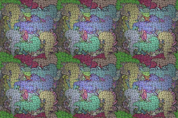 Nahtloses Muster Mit Interessanten Kritzeleien Auf Farbigem Hintergrund Pano Raster — Stockfoto
