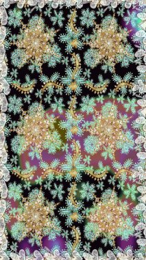 Duvar kâğıdı için altın süslü bir illüstrasyon. Siyah renkler üzerine geleneksel Arapça dekor. Doğu tarzında klasik tasarım öğesi. Süslü dantel iz sürücü. Çiçekli süslemeli, pürüzsüz bir desen..