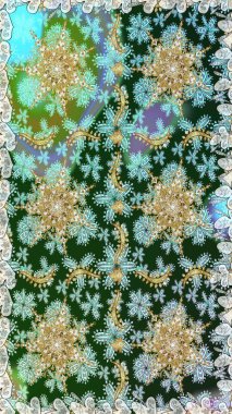 Süslü dekorasyon. Damask altın soyut çiçek nötr ve mavi renklerde pürüzsüz desen. Raster illüstrasyonu.