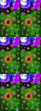 Yeşil ve mor renkli şirin çiçek desenleri. Raster Modaya uygun kumaş deseni. Renkli Bahar Teması eskiz kalıbı. Düz Çiçek Elementleri Tasarımı.