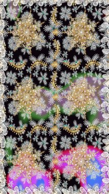 Raster illüstrasyonu. Kusursuz damaske klasik altın desen. Gri ve siyah renklerde altın sarısı desenler. Tekrarlayan ögelerle soyut arkaplan Raster.