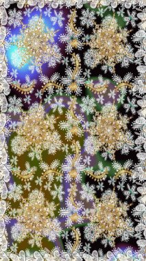 Kusursuz altın desenli bukleler. Hassas altın deseni açın. Raster. Doğu tarzı arabesk. Parlak dantel, stilize çiçekler, şal desenli. Gri renklerde, altın elementlerle kusursuz desen.