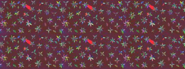 Renkli Bahar Teması eskiz kalıbı. Düz Çiçek Elementleri Tasarım Raster illüstrasyonu. Çiçek desenli eskiz. Kahverengi ve yeşil renkte çiçekler.