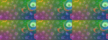 Eskiz arkaplan modeli. Raster - stok. Yapraklı çiçekler ve yeşil ve mavi renkli papatya çiçekleri..