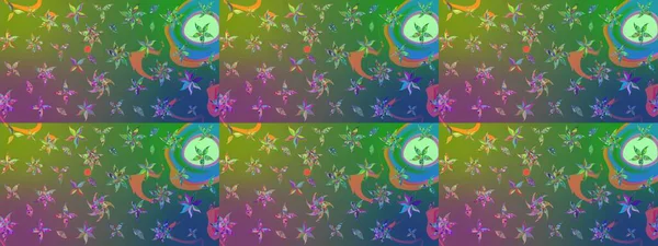 Eskiz arkaplan modeli. Raster - stok. Yapraklı çiçekler ve yeşil ve mavi renkli papatya çiçekleri..