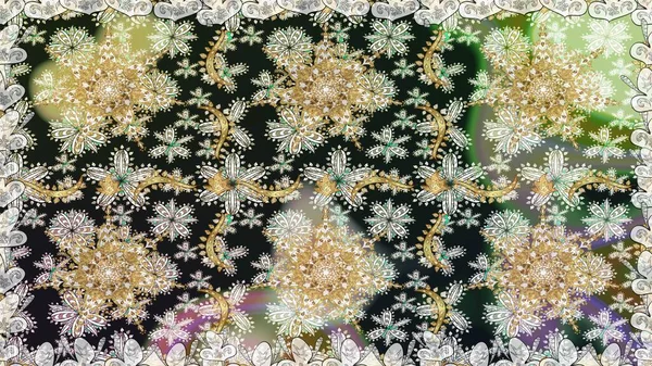 Gri ve nötr renklerde altın desenli altın elementler. Noel, kar tanesi, yeni yıl. Gri ve nötr renklerde altın elementlerle kusursuz klasik desen.