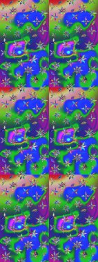 Renkli grunge, soyut arkaplanı kolomavi ve yeşil çiçeklerle süslüyor. Parmak izi, kumaş, duvar kâğıdı, tekstil için raster dokusu. Nakış desenli çiçek deseni..