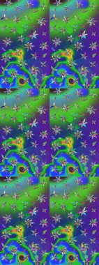 Yeşil ve mavi renkte çiçekler. Hediye ambalaj kağıdı, tebrik kartları, posterler ve pankart tasarımı. Raster düz çiçek çizim deseni.