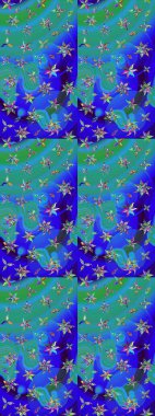 Çiçek desenli çizim. Raster illüstrasyonu. Mavi ve yeşil renkli Asyalı tekstil.