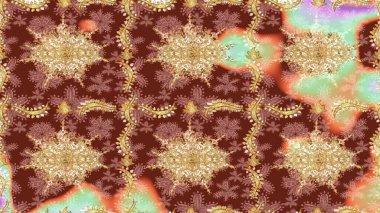 Raster eskiz deseni, altın antika ortaçağ dekoratifi, yapraklar ve bej renkli altın desenli süslemeler. Kraliyet lüksü, altın barok kumaş rengi..