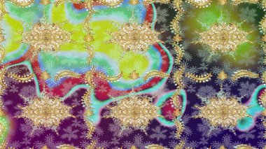 Raster altın tekstil baskısı. Altın elementlerle nötr renklerde altın desen. İslam tasarımı. Çiçek kiremitleri. Çizim desenli oryantal süs.