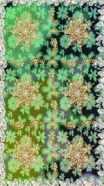 Damask pürüzsüz süsü. Geleneksel raster ve altın desen. Yeşil renkler üzerinde klasik oryantal desen.