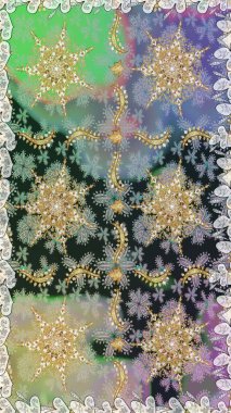 Raster altın tekstil baskısı. Kusursuz desenli oryantal süs. İslam tasarımı. Çiçek kiremitleri. Altın elementlerle gri renklerde altın desen.