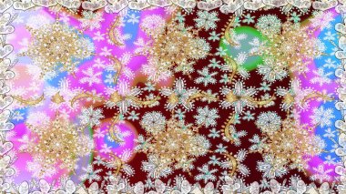 El yapımı dekoratif çerçeve, albüm kapağı, tebrik kartı, klasik Art deco tarzı. Raster soyut çiçek çelengi altın karalama fantezi yaprakları ve tarafsız renklerde çiçek.