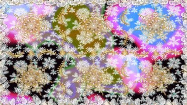 Raster illüstrasyonu. Kusursuz desenli altın elementler. Tarafsız renklerde Royal retro. Altın şablon. Klasik çiçek dokusu. Kart, duvar kağıdı, ambalaj, tekstil için klasik tasarım.