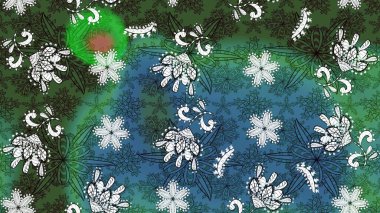 Yeşil ve mavi renkli etnik çiçekli zarif eskiz deseni. Asya Tekstil 'inde Raster Çiçek İllüstrasyonu.