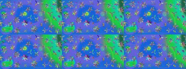 Mavi ve yeşil renkli çiçekler. Renkli Yaz Temalı eskiz kalıbı. Düz Çiçek Elementleri Tasarımı. Raster illüstrasyonunda çiçek deseni çizimi.