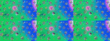 Raster illüstrasyonu. Yumuşak, bahar çiçekleri yeşil ve mavi renklerde. Çiçek ve yapraklı karalama şeklinde Raster çiçek deseni.