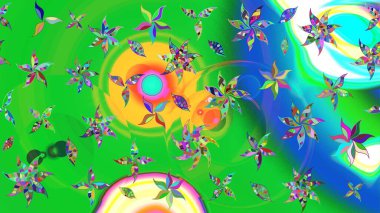 Düz Çiçek Elementleri Tasarımı. Yeşil ve mavi renkte çiçekler. Raster illüstrasyonundaki çiçek desenli çizim. Renkli Bahar Teması çizim şablonu.