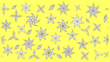 Çiçek deseni. Şatafatlı bahar bahçesi dokusu. Sarı ve beyaz renkte çiçekler. Sarı ve beyaz renkte çiçek çizimi. Raster illüstrasyonu.