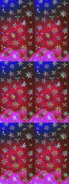 Çiçek ve yapraklı karalama şeklinde Raster çiçek deseni. Raster illüstrasyonu. Kibarca, bahar çiçekleri kırmızı ve mavi renklerde.