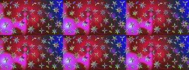 Kibarca, bahar çiçekleri kırmızı ve mor renklerde. Raster illüstrasyonu. Çiçek ve yapraklı karalama şeklinde Raster çiçek deseni.