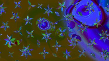 Raster illüstrasyonundaki çiçek desenli çizim. Kahverengi ve mavi renkte çiçekler.