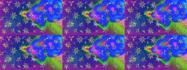 Mavi ve menekşe renkleri üzerine karalamalar çizilmiş çiçek deseni. Raster illüstrasyonu.