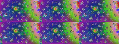 Raster illüstrasyonundaki çiçek desenli çizim. Çiçekler suluboya tarzında yeşil ve mor renkte.