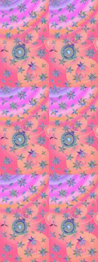 Üzerinde gelincikler ve vadi zambakları olan renkli çiçek desenli nakış deseni. Raster geleneksel çiçek buketi pembe ve nötr renklerde tekstil tasarımı için.