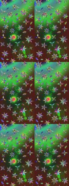 Çiçekli yaz çiçekleri. Küçük çiçekte güzel bir desen. Küçük renkli çiçekler. Moda baskıları için zarif bir şablon. Motley illüstrasyonu. Çizim.