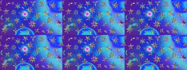 Parlak renkli çiçekleri ve mavi ve menekşe renklerinde yaprakları olan harika bir çiçek deseni. Moda baskıları için zarif bir şablon. Modern çiçek arkaplanı. Halk stili.