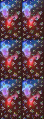 Nakış desenli çiçek deseni. Renkli grunge, soyut arkaplanı kolonya ve mor çiçeklerle süslüyor. İzler, kumaş, duvar kağıtları, tekstil için raster dokusu.