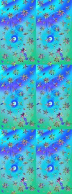 Mavi ve yeşil renkli çiçekler. El çizimi çiçekli soyut çizim kalıbı. Raster illüstrasyonu.