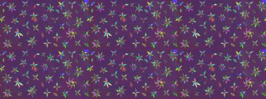 Raster illüstrasyonu. Suluboya, elle çizilmiş. Mor ve mor renkli yapraklı yabani çiçekler. Taslak arkaplan deseni.