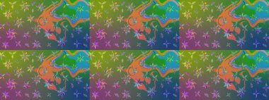 Yeşil ve mavi renkli yapraklı yabani çiçekler. Raster illüstrasyonu. Suluboya, elle çizilmiş. Taslak arkaplan deseni.