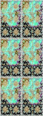 Raster illüstrasyonu. Dekoratif simetri arabesk. Tarafsız ve mavi renklerde altın. Kusursuz ortaçağ çiçek deseni. Doğum günü, davetiye ya da afiş için tebrik kartı.