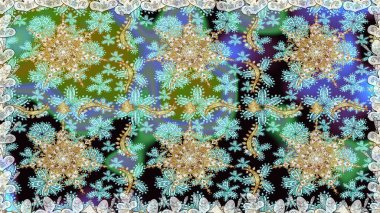 Barok tarzında altın çiçekli süs. Doku arka planında altın duvar kâğıdı. Damask kusursuz yinelenen arkaplan. Tarafsız ve mavi renkler üzerine altın element.