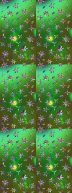 Çiçek desenli eskiz, darbeler, sıçramalar, yaz çiçekleri. Raster illüstrasyonu. Yeşil ve mavi renkte çiçekler.