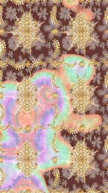 Senin tasarımın için, duvar kağıdı. Raster geometrik arka plan. Altın renkli çizim çizimi. Altın çiçekli bej renklerde altın eskiz deseni.