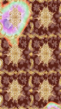 Süslü dekorasyon. Raster illüstrasyonu. Damask altın soyut çiçek deseni kahverengi renkler üzerine çizim.