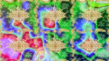 Doğu tarzı arabesk. Yeşil renkler ve altın elementler üzerine çizim. Hassas altın deseni açın. Altın desenli bukleler çiz. Parlak dantel, stilize çiçekler, şal desenli. Raster sanatı