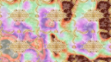 Tarafsız renklerde altın elementlerle çizim. Raster. Doğu tarzı arabesk. Parlak dantel, stilize çiçekler, şal desenli. Altın desenli bukleler çiz. Zarif altın deseni aç.