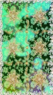 Klasik çiçek dokusu. Kusursuz desenli altın elementler. Raster illüstrasyonu. Yeşil renkte Royal retro. Altın şablon. Kart, duvar kağıdı, ambalaj, tekstil için klasik tasarım.