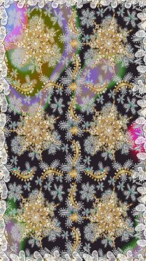 Raster illüstrasyonu. Tekrarlayan elementlerle soyut arkaplan oluşturun. Gri renkler ve altın elementler üzerinde altın pürüzsüz desen. Kusursuz, klasik altın desen..