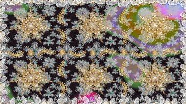 Raster illüstrasyonu. Doğu tarzı arabesk. Raster altın desen. Kusursuz altın desenli bukleler. Altın elementli gri renkler.